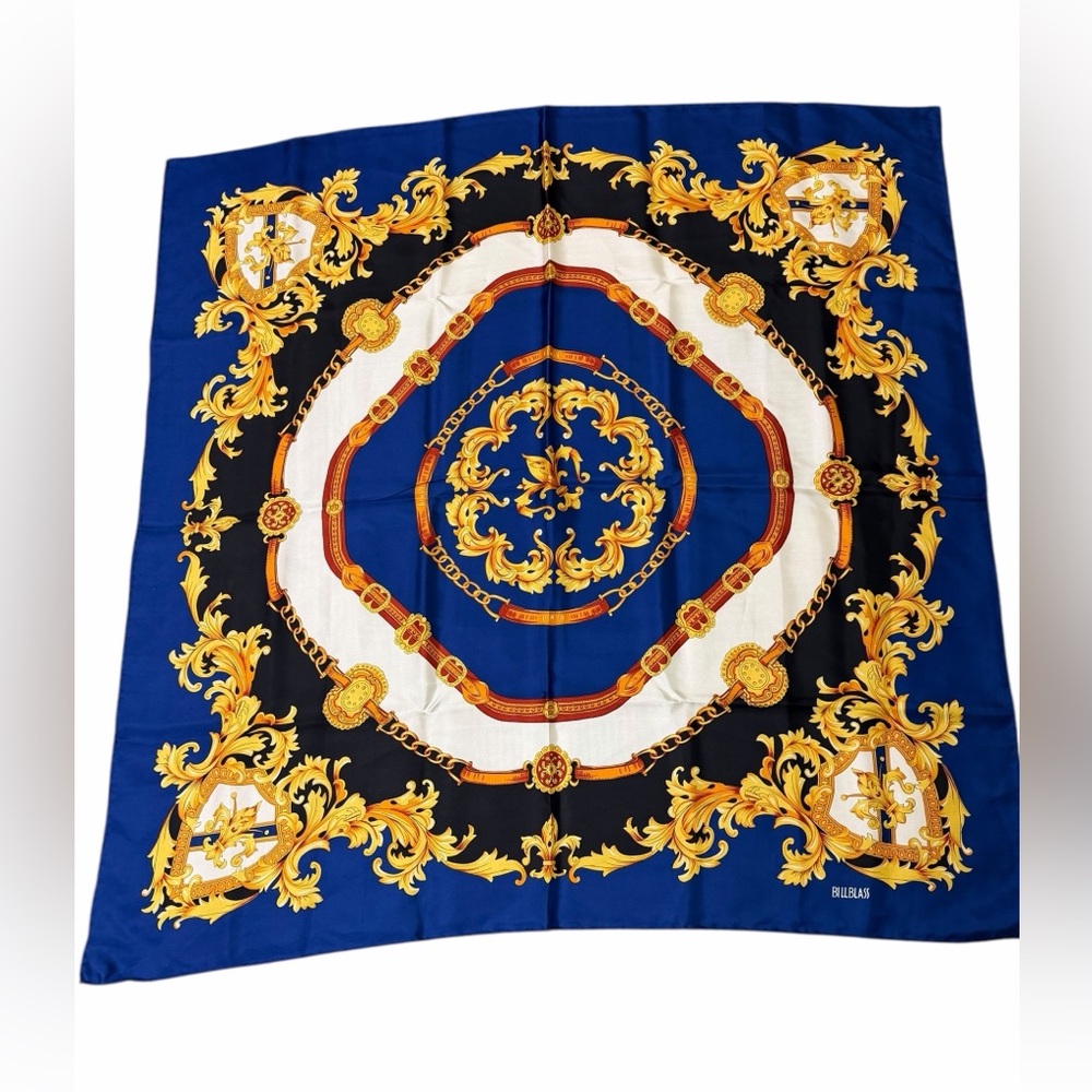 Bill Blass Vintage 100% Silk Scarf Blue Gold Baroque Chain Print - Picture 2 of 5